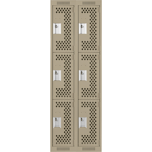 Clean Line Lockers, 3 -tier, Bank of 2, 24" x 12" x 72", Steel, Beige, Rivet (Assembled), Perforated Equipex