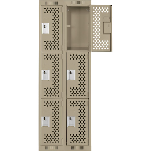 Clean Line Lockers, 3 -tier, Bank of 2, 24" x 12" x 72", Steel, Beige, Rivet (Assembled), Perforated Equipex