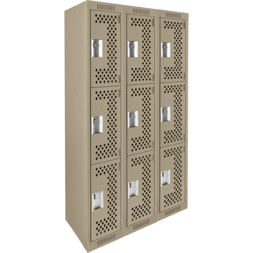 Clean Line Lockers, 3 -tier, Bank of 3, 36" x 12" x 72", Steel, Beige, Rivet (Assembled), Perforated Equipex