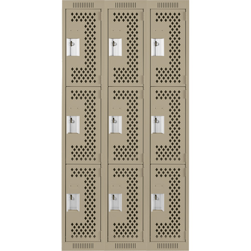 Clean Line Lockers, 3 -tier, Bank of 3, 36" x 12" x 72", Steel, Beige, Rivet (Assembled), Perforated Equipex