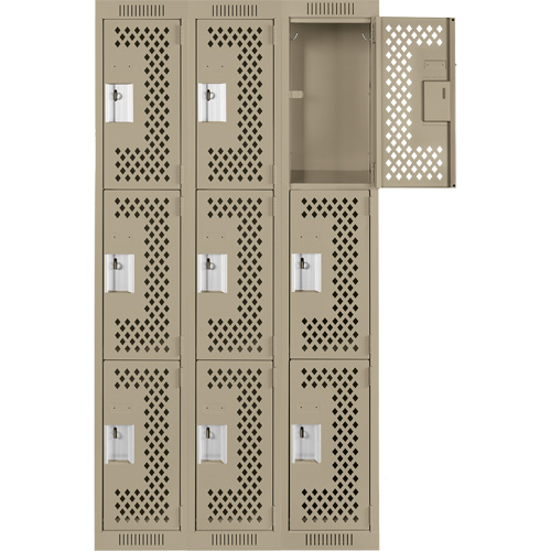 Clean Line Lockers, 3 -tier, Bank of 3, 36" x 12" x 72", Steel, Beige, Rivet (Assembled), Perforated Equipex