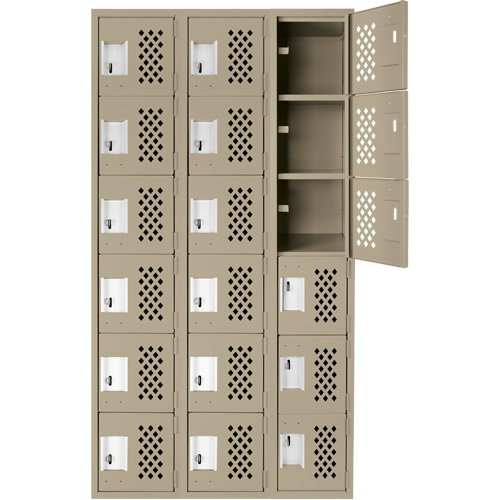 Assembled Lockerettes Clean Line Perforated Economy Lockers, 6 -tier, Bank of 3, 18" x 72" x 12", Steel Equipex