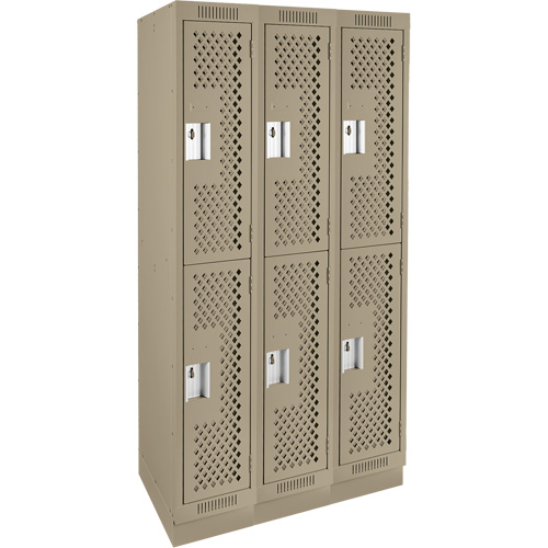 Clean Line Lockers, 2 -tier, Bank of 3, 36" x 12" x 76", Steel, Beige, Rivet (Assembled), Perforated Equipex