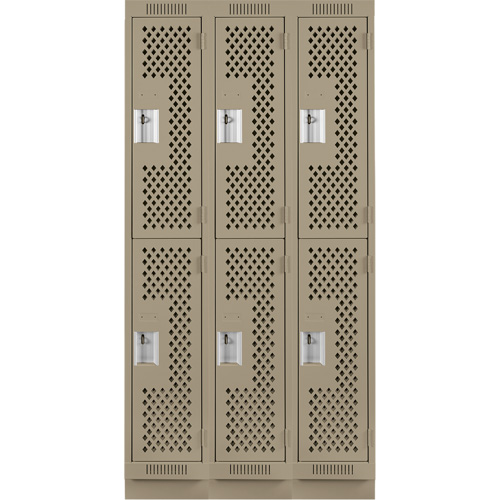 Clean Line Lockers, 2 -tier, Bank of 3, 36" x 12" x 76", Steel, Beige, Rivet (Assembled), Perforated Equipex