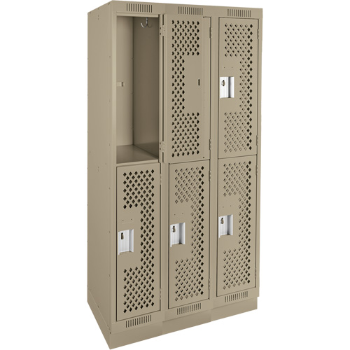 Clean Line Lockers, 2 -tier, Bank of 3, 36" x 12" x 76", Steel, Beige, Rivet (Assembled), Perforated Equipex