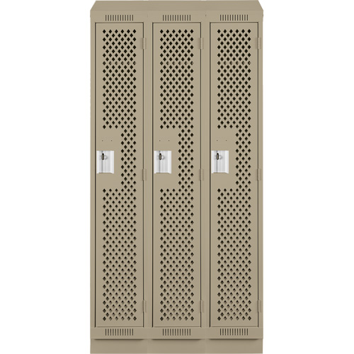 Clean Line Lockers, Bank of 3, 36" x 12" x 82", Steel, Beige, Rivet (Assembled), Perforated Equipex