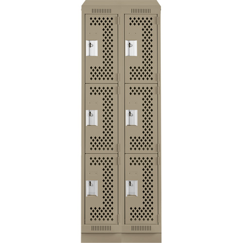 Clean Line Lockers, 3 -tier, Bank of 2, 24" x 15" x 82", Steel, Beige, Rivet (Assembled), Perforated Equipex