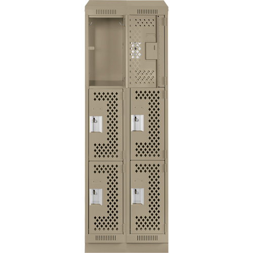 Clean Line Lockers, 3 -tier, Bank of 2, 24" x 15" x 82", Steel, Beige, Rivet (Assembled), Perforated Equipex