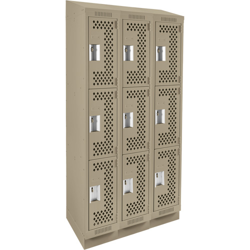 Clean Line Lockers, 3 -tier, Bank of 3, 36" x 15" x 82", Steel, Beige, Rivet (Assembled), Perforated Equipex