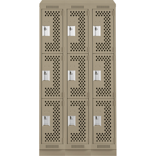 Clean Line Lockers, 3 -tier, Bank of 3, 36" x 15" x 82", Steel, Beige, Rivet (Assembled), Perforated Equipex