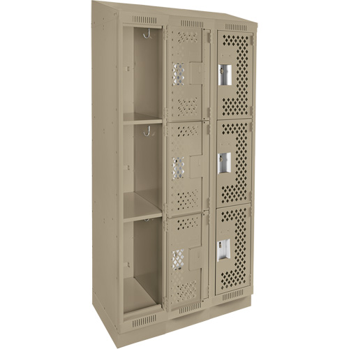 Clean Line Lockers, 3 -tier, Bank of 3, 36" x 15" x 82", Steel, Beige, Rivet (Assembled), Perforated Equipex