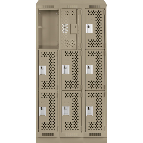 Clean Line Lockers, 3 -tier, Bank of 3, 36" x 15" x 82", Steel, Beige, Rivet (Assembled), Perforated Equipex