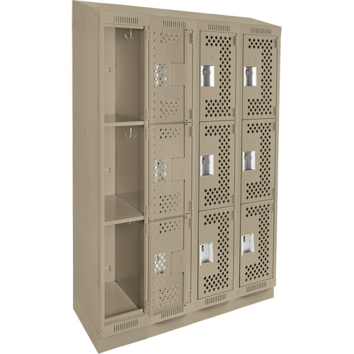 Clean Line Lockers, 3 -tier, Bank of 4, 48" x 15" x 82", Steel, Beige, Rivet (Assembled), Perforated Equipex