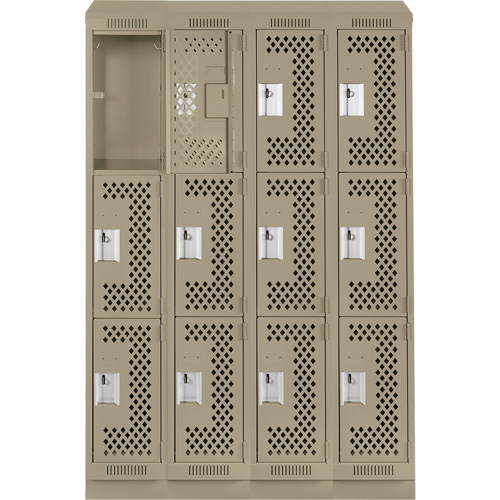 Clean Line Lockers, 3 -tier, Bank of 4, 48" x 15" x 82", Steel, Beige, Rivet (Assembled), Perforated Equipex