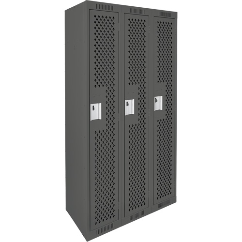 Clean Line Lockers, Bank of 3, 36" x 12" x 72", Steel, Charcoal, Rivet (Assembled), Perforated Equipex