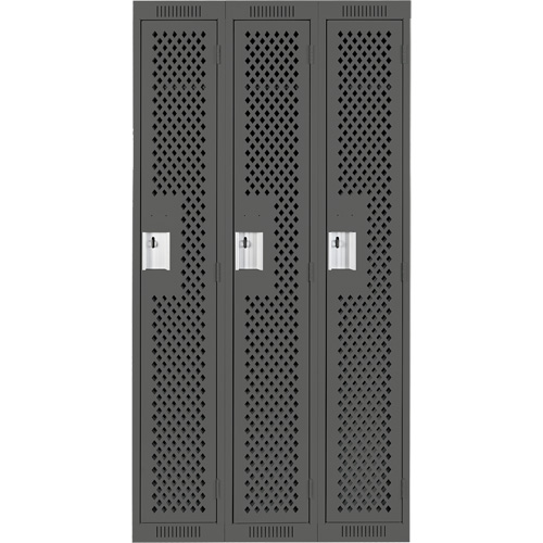Clean Line Lockers, Bank of 3, 36" x 12" x 72", Steel, Charcoal, Rivet (Assembled), Perforated Equipex