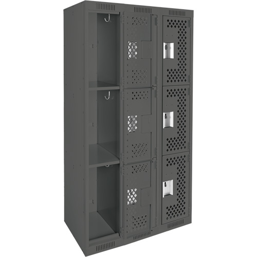 Clean Line Lockers, 3 -tier, Bank of 3, 36" x 12" x 72", Steel, Charcoal, Rivet (Assembled), Perforated Equipex