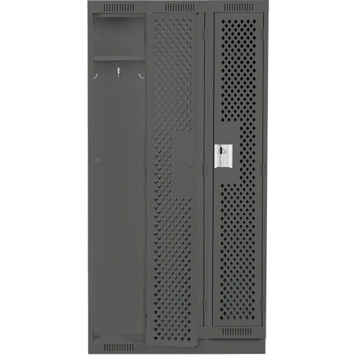 Clean Line Lockers, Bank of 3, 36" x 15" x 76", Steel, Charcoal, Rivet (Assembled), Perforated Equipex