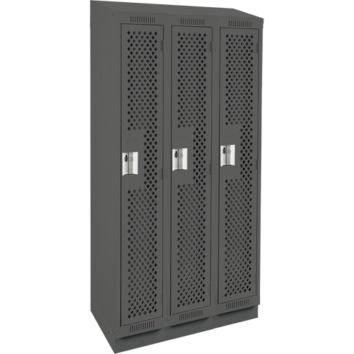Clean Line Lockers, Bank of 3, 36" x 12" x 82", Steel, Charcoal, Rivet (Assembled), Perforated Equipex