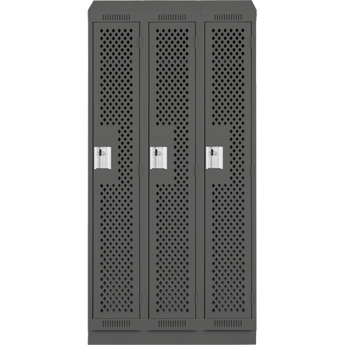 Clean Line Lockers, Bank of 3, 36" x 12" x 82", Steel, Charcoal, Rivet (Assembled), Perforated Equipex