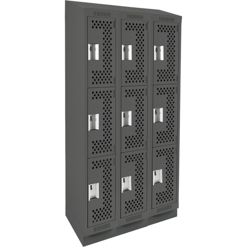 Clean Line Lockers, 3 -tier, Bank of 3, 36" x 15" x 82", Steel, Charcoal, Rivet (Assembled), Perforated Equipex