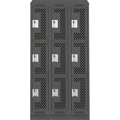 Clean Line Lockers, 3 -tier, Bank of 3, 36" x 15" x 82", Steel, Charcoal, Rivet (Assembled), Perforated Equipex