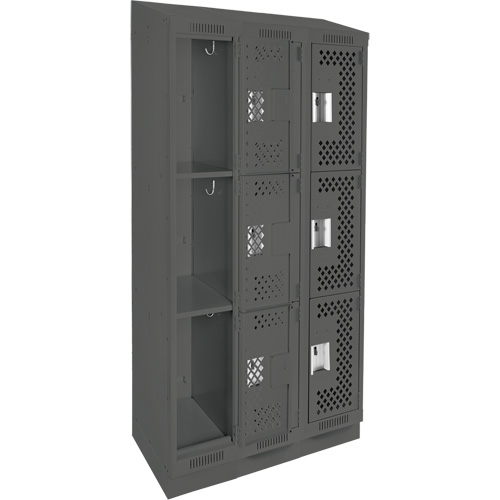 Clean Line Lockers, 3 -tier, Bank of 3, 36" x 15" x 82", Steel, Charcoal, Rivet (Assembled), Perforated Equipex