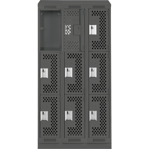 Clean Line Lockers, 3 -tier, Bank of 3, 36" x 15" x 82", Steel, Charcoal, Rivet (Assembled), Perforated Equipex