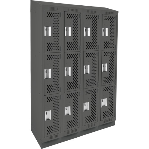 Clean Line Lockers, 3 -tier, Bank of 4, 48" x 15" x 82", Steel, Charcoal, Rivet (Assembled), Perforated Equipex