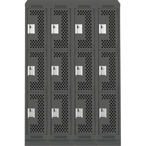 Clean Line Lockers, 3 -tier, Bank of 4, 48" x 15" x 82", Steel, Charcoal, Rivet (Assembled), Perforated Equipex