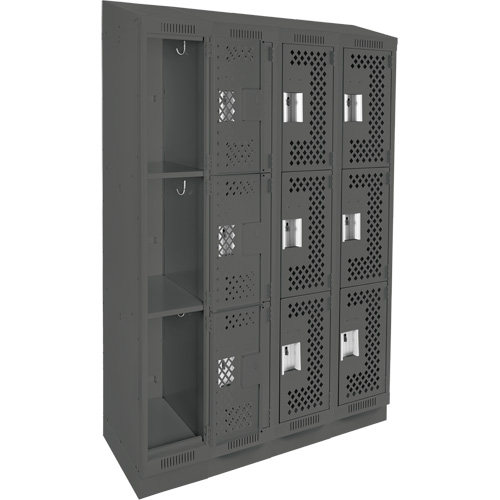 Clean Line Lockers, 3 -tier, Bank of 4, 48" x 15" x 82", Steel, Charcoal, Rivet (Assembled), Perforated Equipex