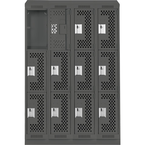 Clean Line Lockers, 3 -tier, Bank of 4, 48" x 15" x 82", Steel, Charcoal, Rivet (Assembled), Perforated Equipex