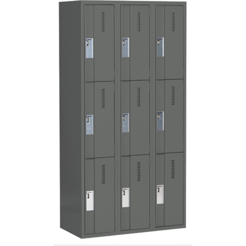 Concorde Heavy-Duty Lockers, 3 -tier, Bank of 3, 36" x 18" x 72", Steel, Charcoal, Welded (Assembled) Equipex