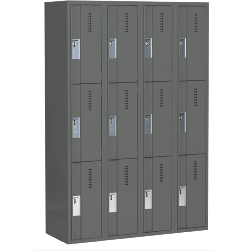 Concorde Heavy-Duty Lockers, 3 -tier, Bank of 4, 48" x 18" x 72", Steel, Charcoal, Welded (Assembled) Equipex
