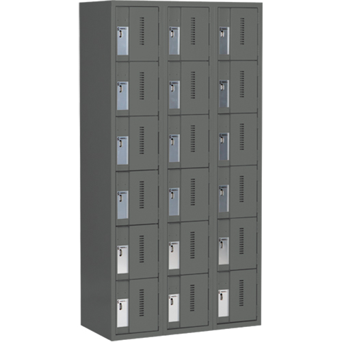 Concorde Heavy-Duty Lockers, 6 -tier, Bank of 3, 36" x 18" x 72", Steel, Charcoal, Welded (Assembled) Equipex
