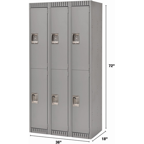 Lockers, 2 -tier, Bank of 3, 36" x 18" x 72", Steel, Grey, Knocked Down Equipex