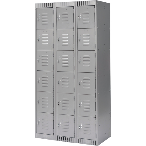 Lockers, 6 -tier, Bank of 3, 36" x 18" x 72", Steel, Grey, Knocked Down Equipex