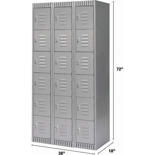 Lockers, 6 -tier, Bank of 3, 36" x 18" x 72", Steel, Grey, Knocked Down Equipex