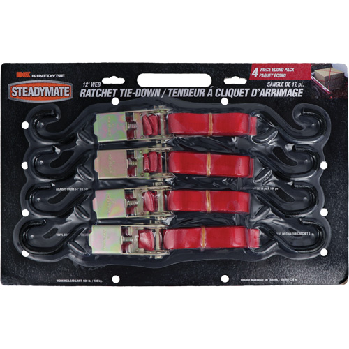 Ratchet Utility Straps, S-Hook, 1" W x 12' L, 500 lbs. (230 kg) Working Load Limit Equipex