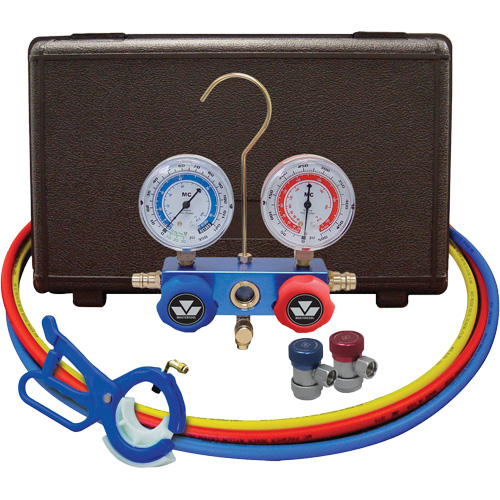 Automotive Manifold Gauge Set with Manual Couplers & 3-in-1 Side Mount Can Tap Valve Equipex