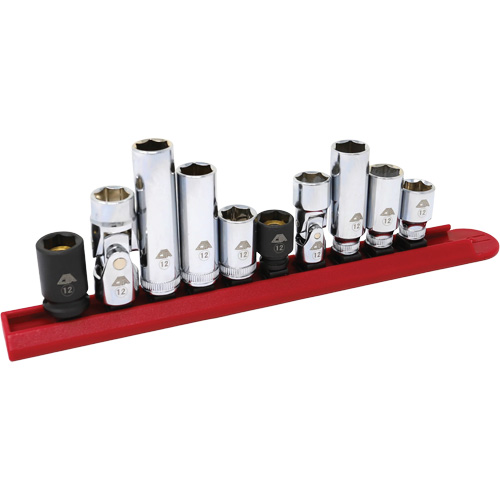 Jeu de douilles chrom&eacute;es avec rail, 10 Morceaux, Prise de 1/4"/3/8" Equipex