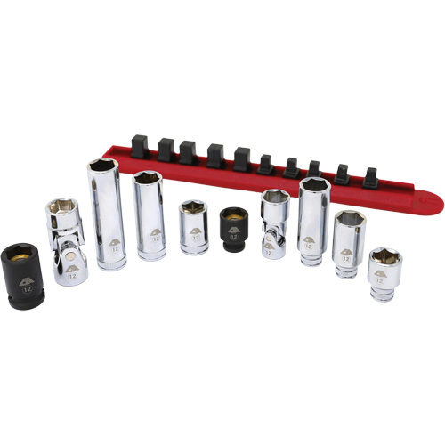 Jeu de douilles chrom&eacute;es avec rail, 10 Morceaux, Prise de 1/4"/3/8" Equipex