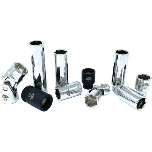 Jeu de douilles chrom&eacute;es avec rail, 10 Morceaux, Prise de 1/4"/3/8" Equipex