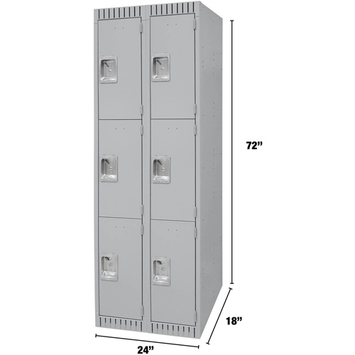 Lockers, 3 -tier, Bank of 2, 24" x 18" x 72", Steel, Grey, Knocked Down Equipex