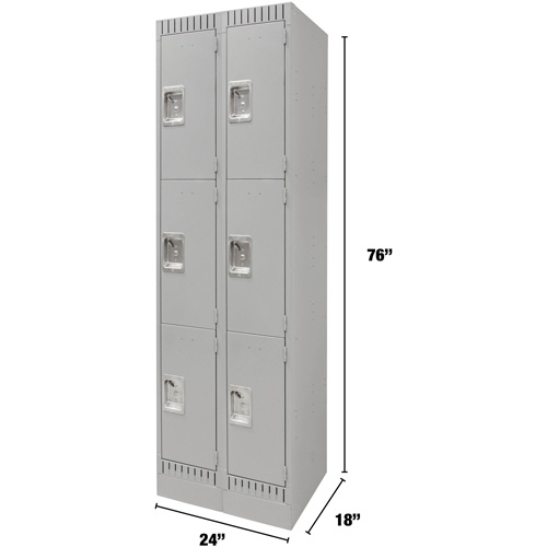 Lockers, 3 -tier, Bank of 2, 24" x 18" x 76", Steel, Grey, Knocked Down Equipex