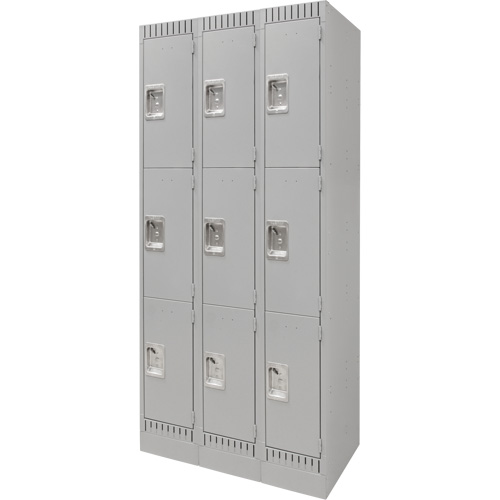 Lockers, 3 -tier, Bank of 3, 36" x 18" x 76", Steel, Grey, Knocked Down Equipex