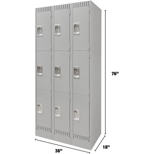 Lockers, 3 -tier, Bank of 3, 36" x 18" x 76", Steel, Grey, Knocked Down Equipex
