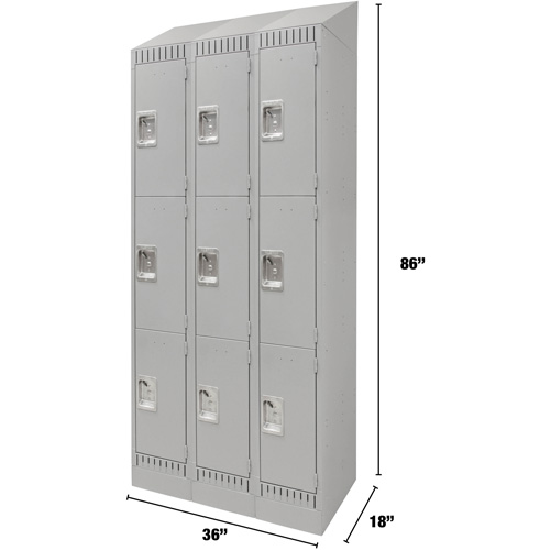 Lockers, 3 -tier, Bank of 3, 36" x 18" x 86", Steel, Grey, Knocked Down Equipex