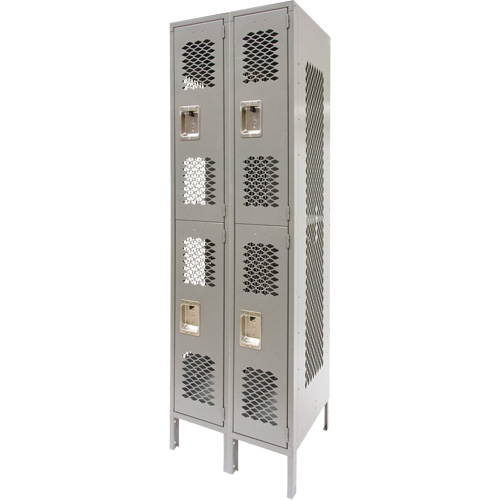 Vented Lockers, 2 -tier, Bank of 2, 24" x 18" x 78", Steel, Grey, Knocked Down, Perforated Equipex