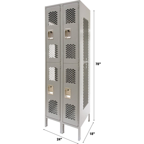 Vented Lockers, 2 -tier, Bank of 2, 24" x 18" x 78", Steel, Grey, Knocked Down, Perforated Equipex